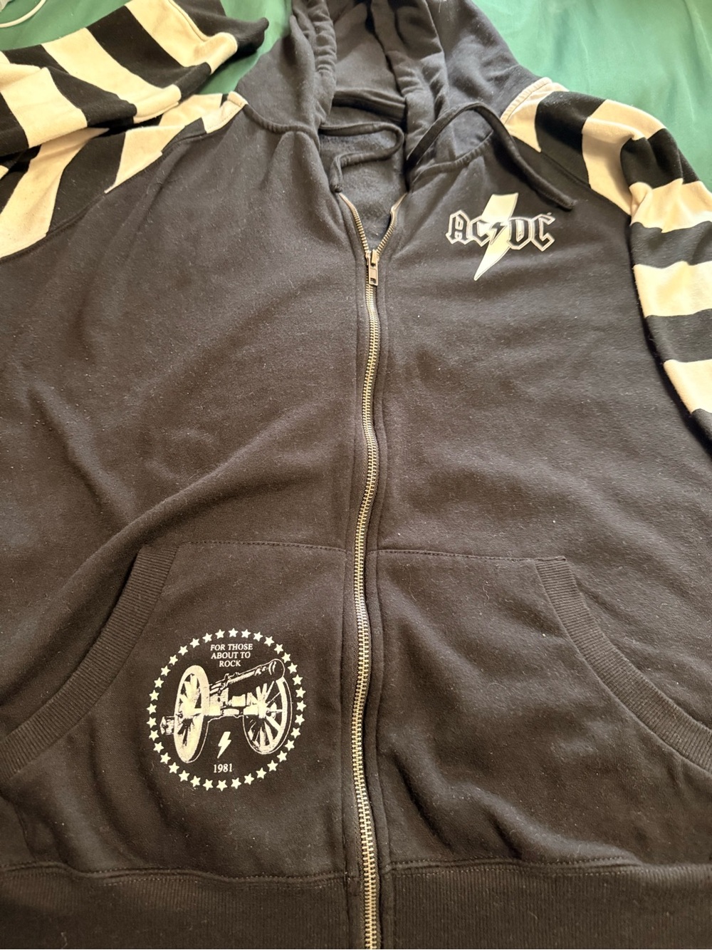 AC/DC Black Zip Hoodie with Striped Sleeves